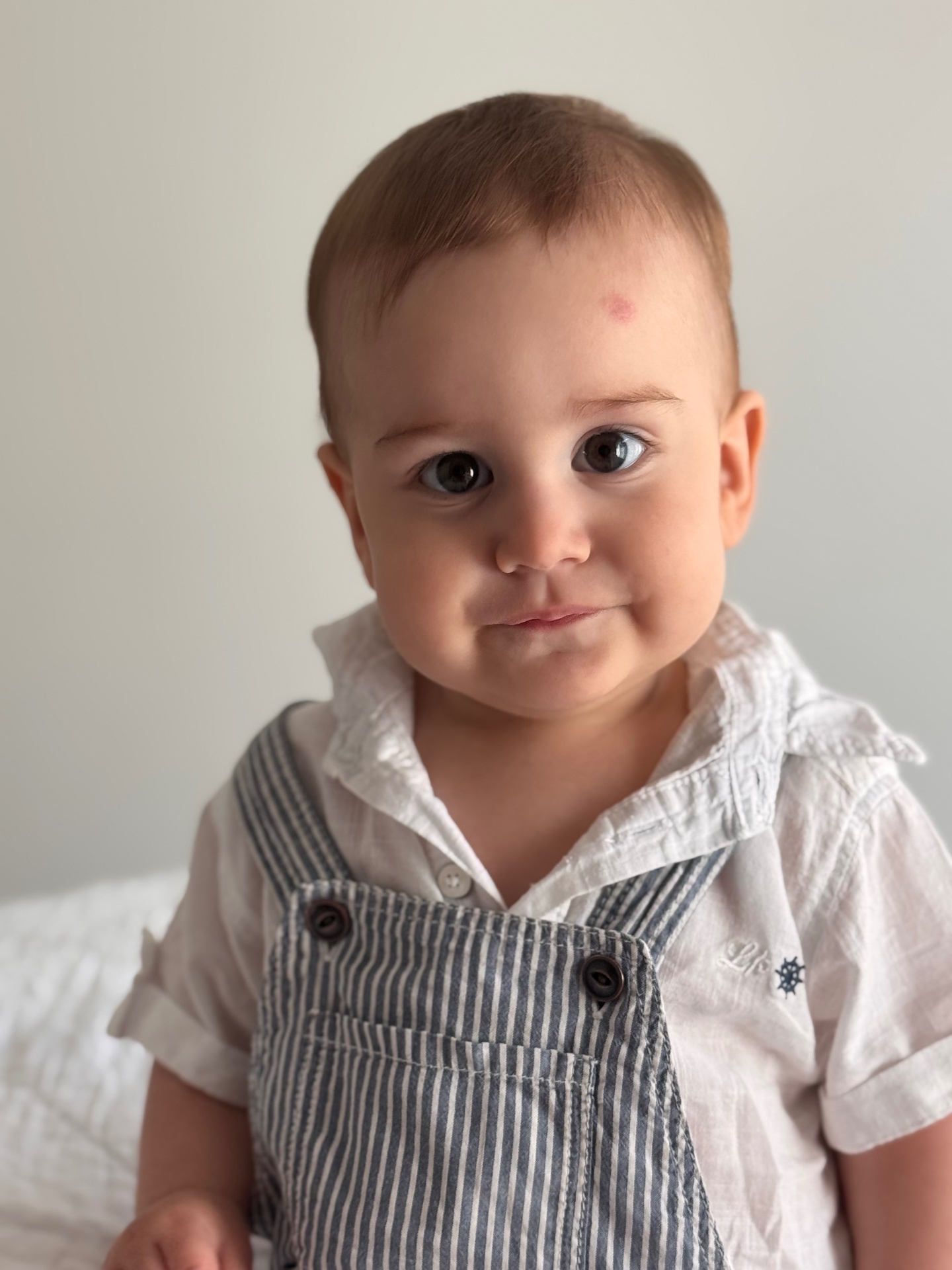 Caesar in striped overalls and a white shirt